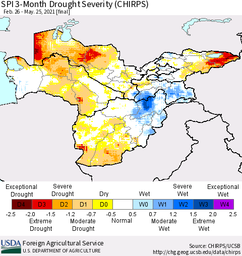Central Asia SPI 3-Month Drought Severity (CHIRPS) Thematic Map For 2/26/2021 - 5/25/2021