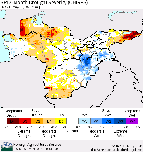 Central Asia SPI 3-Month Drought Severity (CHIRPS) Thematic Map For 3/1/2021 - 5/31/2021
