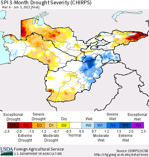 Central Asia SPI 3-Month Drought Severity (CHIRPS) Thematic Map For 3/6/2021 - 6/5/2021