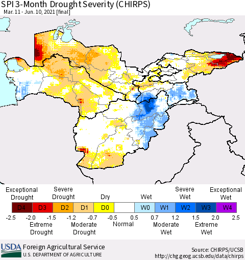 Central Asia SPI 3-Month Drought Severity (CHIRPS) Thematic Map For 3/11/2021 - 6/10/2021