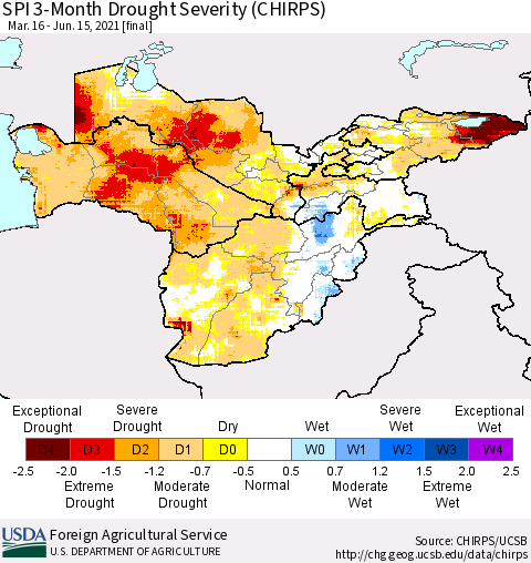 Central Asia SPI 3-Month Drought Severity (CHIRPS) Thematic Map For 3/16/2021 - 6/15/2021