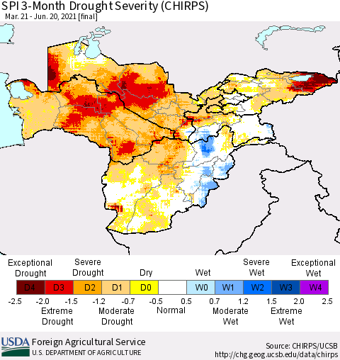 Central Asia SPI 3-Month Drought Severity (CHIRPS) Thematic Map For 3/21/2021 - 6/20/2021