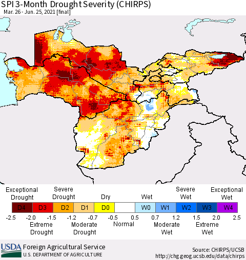 Central Asia SPI 3-Month Drought Severity (CHIRPS) Thematic Map For 3/26/2021 - 6/25/2021
