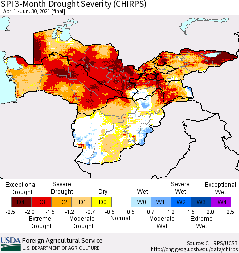 Central Asia SPI 3-Month Drought Severity (CHIRPS) Thematic Map For 4/1/2021 - 6/30/2021