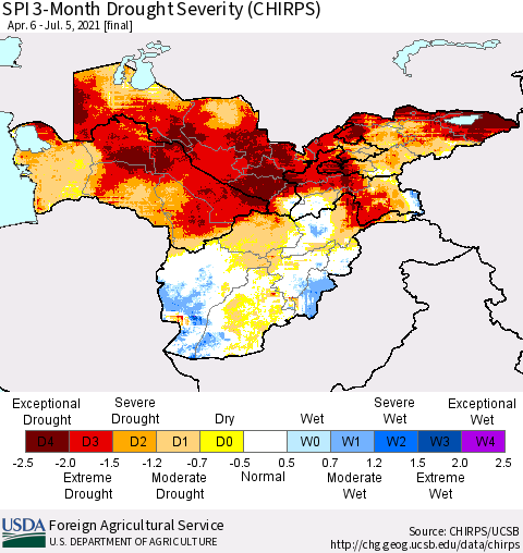 Central Asia SPI 3-Month Drought Severity (CHIRPS) Thematic Map For 4/6/2021 - 7/5/2021