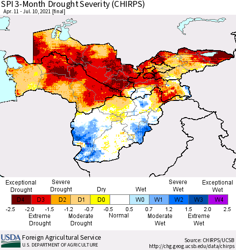 Central Asia SPI 3-Month Drought Severity (CHIRPS) Thematic Map For 4/11/2021 - 7/10/2021