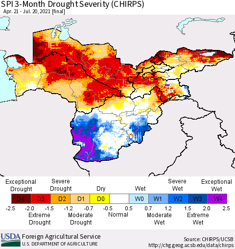 Central Asia SPI 3-Month Drought Severity (CHIRPS) Thematic Map For 4/21/2021 - 7/20/2021