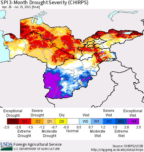 Central Asia SPI 3-Month Drought Severity (CHIRPS) Thematic Map For 4/26/2021 - 7/25/2021
