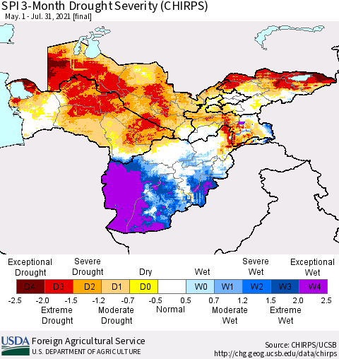 Central Asia SPI 3-Month Drought Severity (CHIRPS) Thematic Map For 5/1/2021 - 7/31/2021