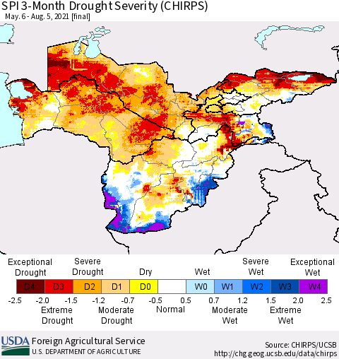 Central Asia SPI 3-Month Drought Severity (CHIRPS) Thematic Map For 5/6/2021 - 8/5/2021