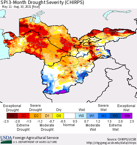 Central Asia SPI 3-Month Drought Severity (CHIRPS) Thematic Map For 5/11/2021 - 8/10/2021