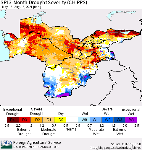 Central Asia SPI 3-Month Drought Severity (CHIRPS) Thematic Map For 5/16/2021 - 8/15/2021