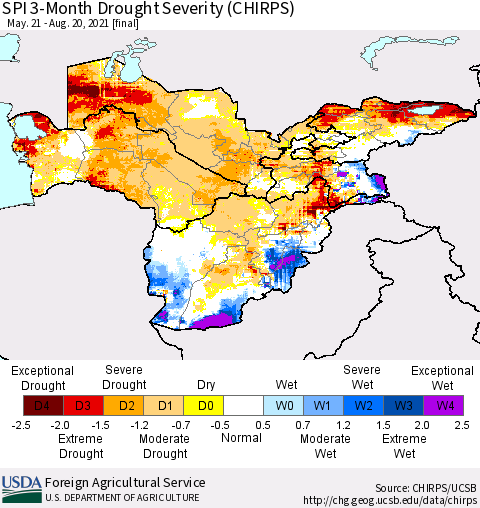 Central Asia SPI 3-Month Drought Severity (CHIRPS) Thematic Map For 5/21/2021 - 8/20/2021