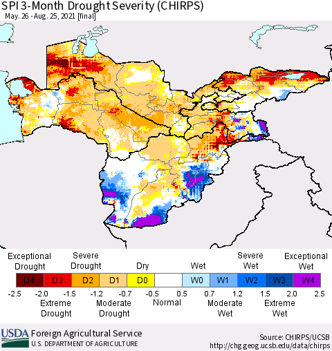 Central Asia SPI 3-Month Drought Severity (CHIRPS) Thematic Map For 5/26/2021 - 8/25/2021