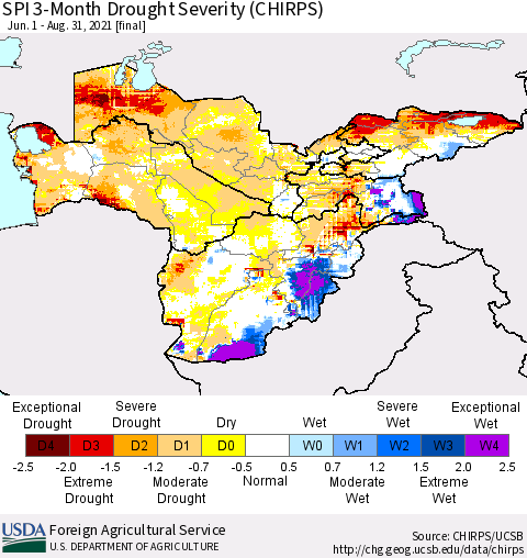 Central Asia SPI 3-Month Drought Severity (CHIRPS) Thematic Map For 6/1/2021 - 8/31/2021