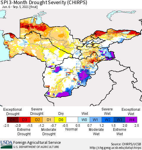 Central Asia SPI 3-Month Drought Severity (CHIRPS) Thematic Map For 6/6/2021 - 9/5/2021