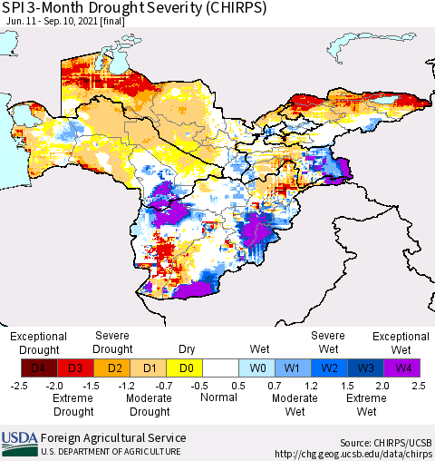 Central Asia SPI 3-Month Drought Severity (CHIRPS) Thematic Map For 6/11/2021 - 9/10/2021