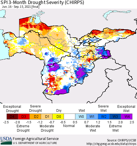 Central Asia SPI 3-Month Drought Severity (CHIRPS) Thematic Map For 6/16/2021 - 9/15/2021