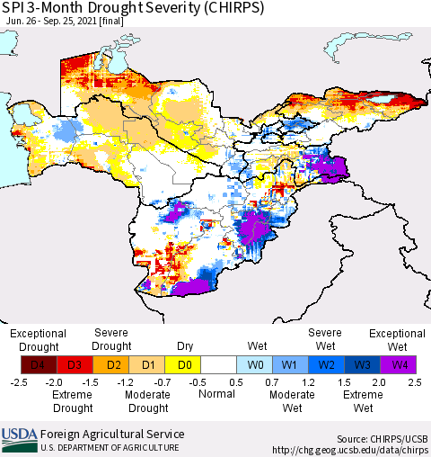Central Asia SPI 3-Month Drought Severity (CHIRPS) Thematic Map For 6/26/2021 - 9/25/2021