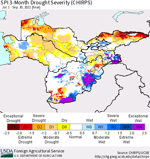 Central Asia SPI 3-Month Drought Severity (CHIRPS) Thematic Map For 7/1/2021 - 9/30/2021
