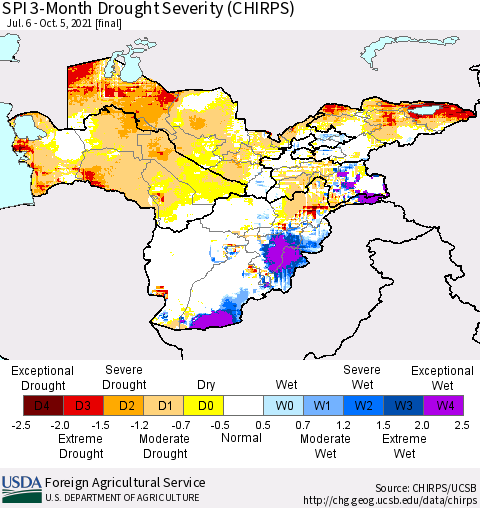 Central Asia SPI 3-Month Drought Severity (CHIRPS) Thematic Map For 7/6/2021 - 10/5/2021