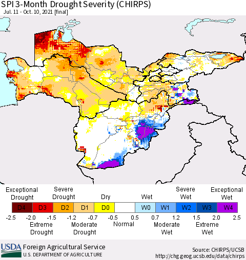 Central Asia SPI 3-Month Drought Severity (CHIRPS) Thematic Map For 7/11/2021 - 10/10/2021