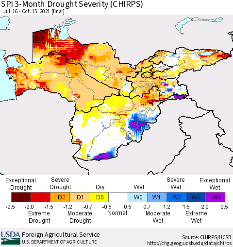 Central Asia SPI 3-Month Drought Severity (CHIRPS) Thematic Map For 7/16/2021 - 10/15/2021