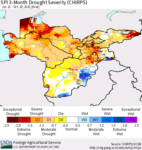 Central Asia SPI 3-Month Drought Severity (CHIRPS) Thematic Map For 7/21/2021 - 10/20/2021