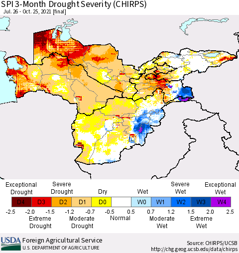 Central Asia SPI 3-Month Drought Severity (CHIRPS) Thematic Map For 7/26/2021 - 10/25/2021