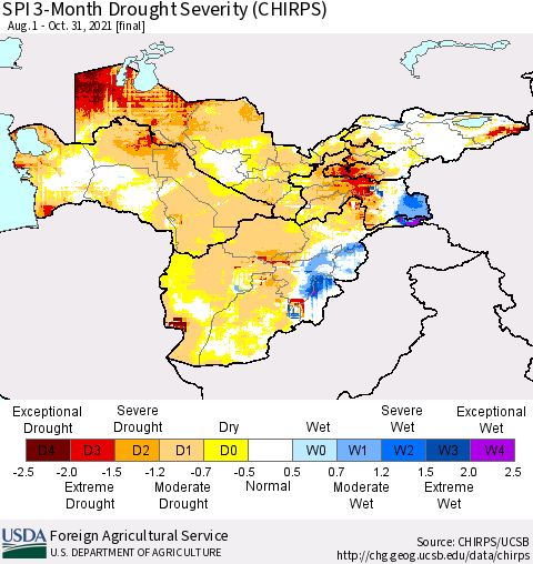 Central Asia SPI 3-Month Drought Severity (CHIRPS) Thematic Map For 8/1/2021 - 10/31/2021