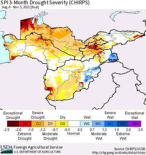 Central Asia SPI 3-Month Drought Severity (CHIRPS) Thematic Map For 8/6/2021 - 11/5/2021