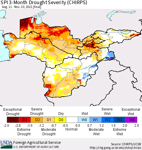 Central Asia SPI 3-Month Drought Severity (CHIRPS) Thematic Map For 8/11/2021 - 11/10/2021