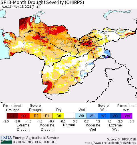 Central Asia SPI 3-Month Drought Severity (CHIRPS) Thematic Map For 8/16/2021 - 11/15/2021