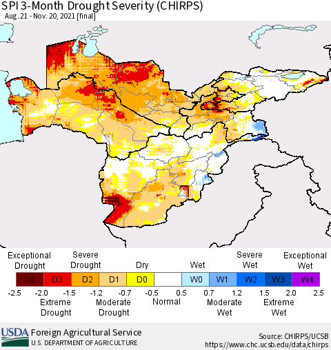 Central Asia SPI 3-Month Drought Severity (CHIRPS) Thematic Map For 8/21/2021 - 11/20/2021