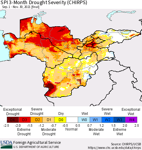 Central Asia SPI 3-Month Drought Severity (CHIRPS) Thematic Map For 9/1/2021 - 11/30/2021