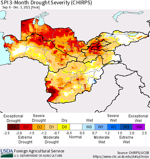 Central Asia SPI 3-Month Drought Severity (CHIRPS) Thematic Map For 9/6/2021 - 12/5/2021