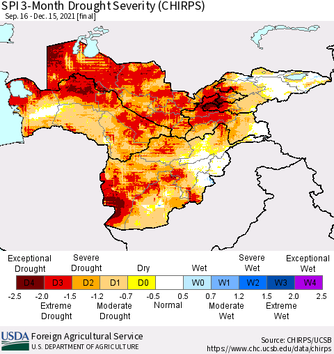 Central Asia SPI 3-Month Drought Severity (CHIRPS) Thematic Map For 9/16/2021 - 12/15/2021