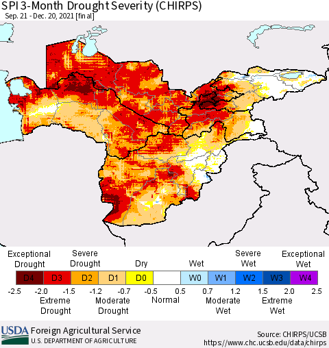 Central Asia SPI 3-Month Drought Severity (CHIRPS) Thematic Map For 9/21/2021 - 12/20/2021