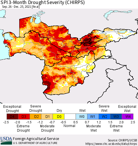 Central Asia SPI 3-Month Drought Severity (CHIRPS) Thematic Map For 9/26/2021 - 12/25/2021