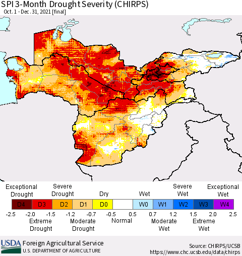 Central Asia SPI 3-Month Drought Severity (CHIRPS) Thematic Map For 10/1/2021 - 12/31/2021