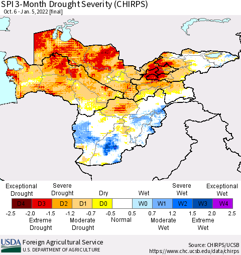 Central Asia SPI 3-Month Drought Severity (CHIRPS) Thematic Map For 10/6/2021 - 1/5/2022
