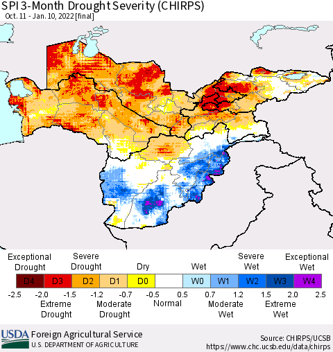 Central Asia SPI 3-Month Drought Severity (CHIRPS) Thematic Map For 10/11/2021 - 1/10/2022