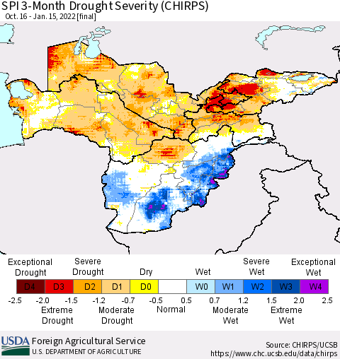 Central Asia SPI 3-Month Drought Severity (CHIRPS) Thematic Map For 10/16/2021 - 1/15/2022