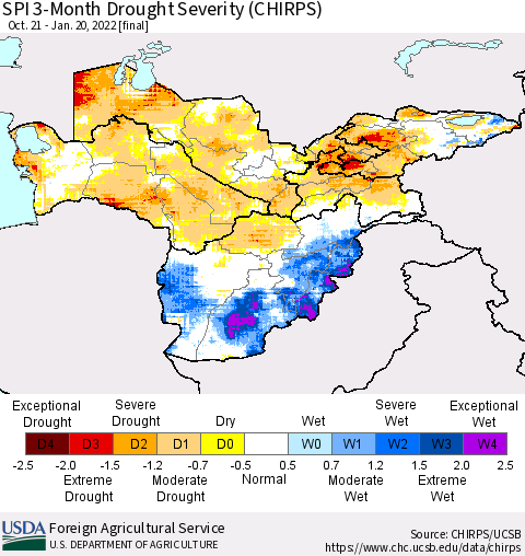 Central Asia SPI 3-Month Drought Severity (CHIRPS) Thematic Map For 10/21/2021 - 1/20/2022