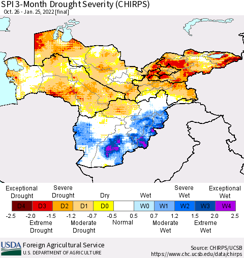 Central Asia SPI 3-Month Drought Severity (CHIRPS) Thematic Map For 10/26/2021 - 1/25/2022