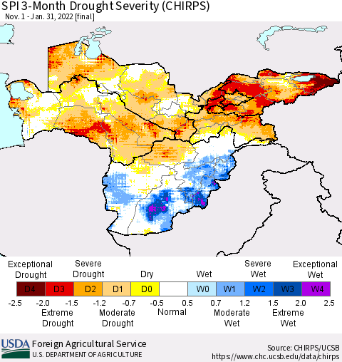 Central Asia SPI 3-Month Drought Severity (CHIRPS) Thematic Map For 11/1/2021 - 1/31/2022