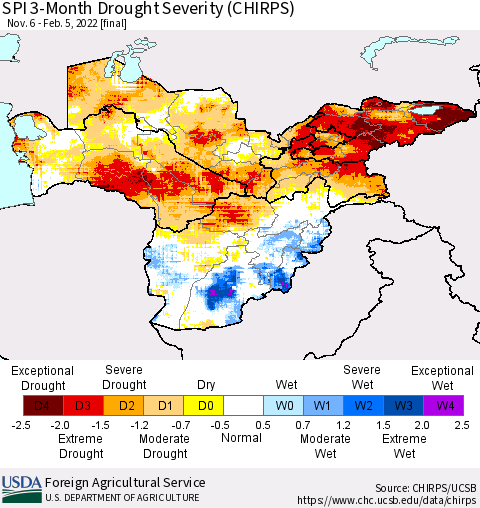 Central Asia SPI 3-Month Drought Severity (CHIRPS) Thematic Map For 11/6/2021 - 2/5/2022