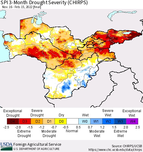 Central Asia SPI 3-Month Drought Severity (CHIRPS) Thematic Map For 11/16/2021 - 2/15/2022