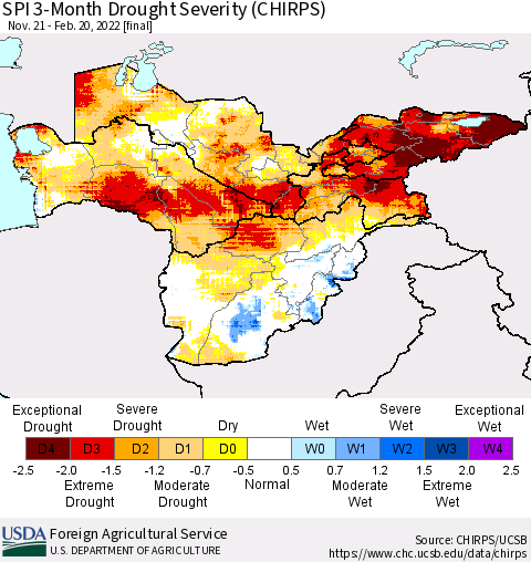 Central Asia SPI 3-Month Drought Severity (CHIRPS) Thematic Map For 11/21/2021 - 2/20/2022