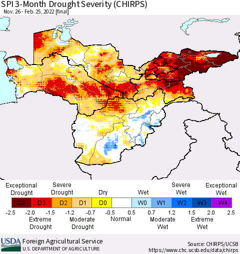 Central Asia SPI 3-Month Drought Severity (CHIRPS) Thematic Map For 11/26/2021 - 2/25/2022